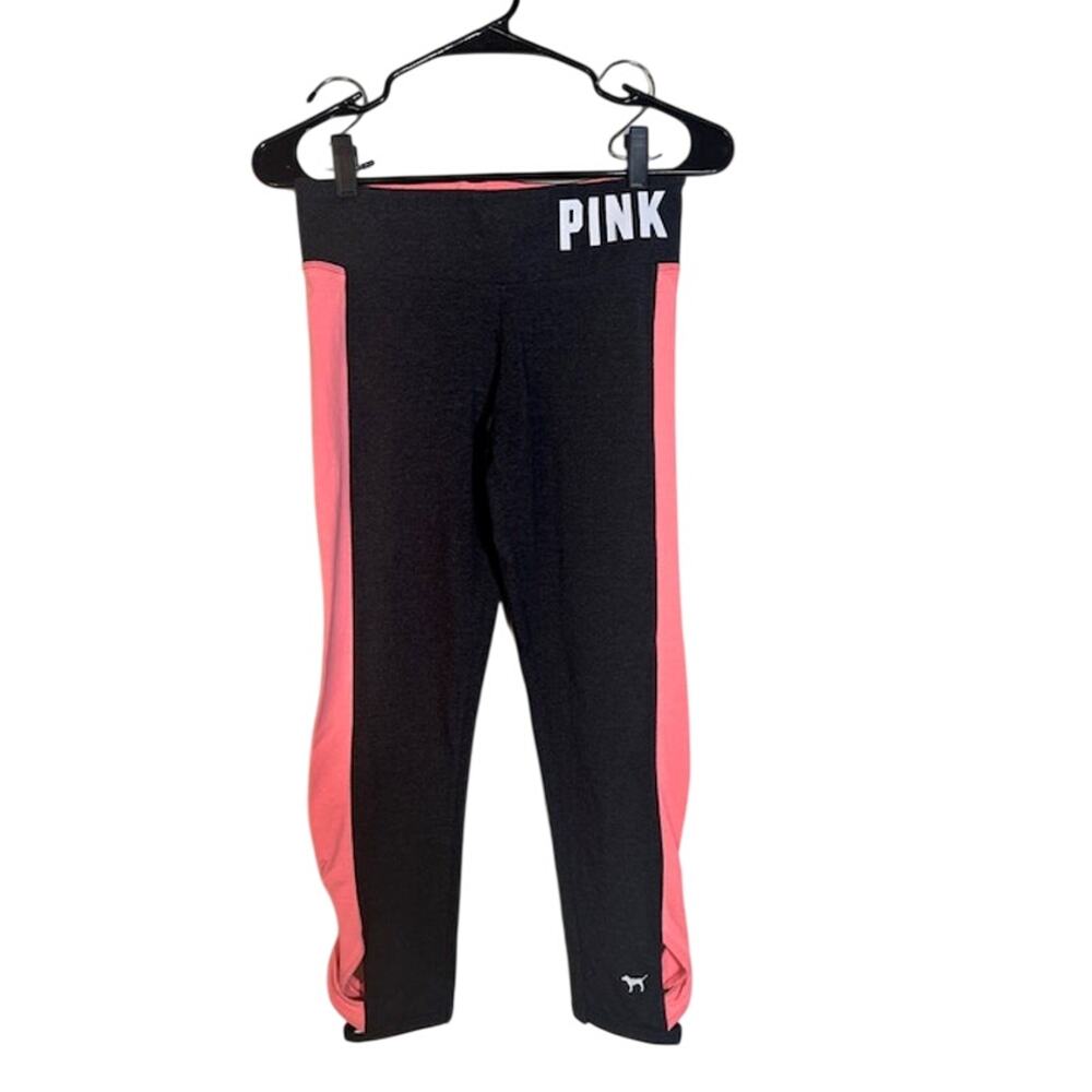 VS Pink Women’s Black Pink Striped Cut Out Trim Skinny Ankle Leggings Size Small